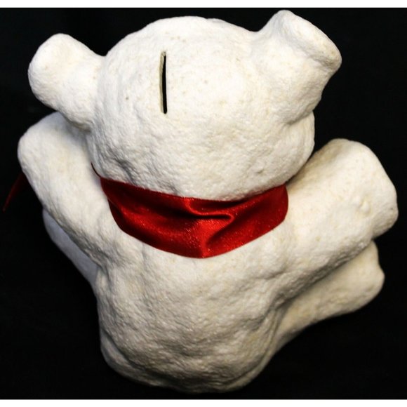 VTG? Hand-Painted Heavy Ceramic Teddy Bear Coin Slot Bank White Black Red Ribbon - Picture 3 of 8